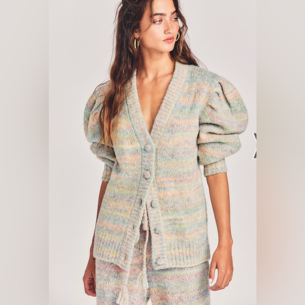 LoveShackFancy Pastel Multi-Color Puff-Sleeve Button Cardigan